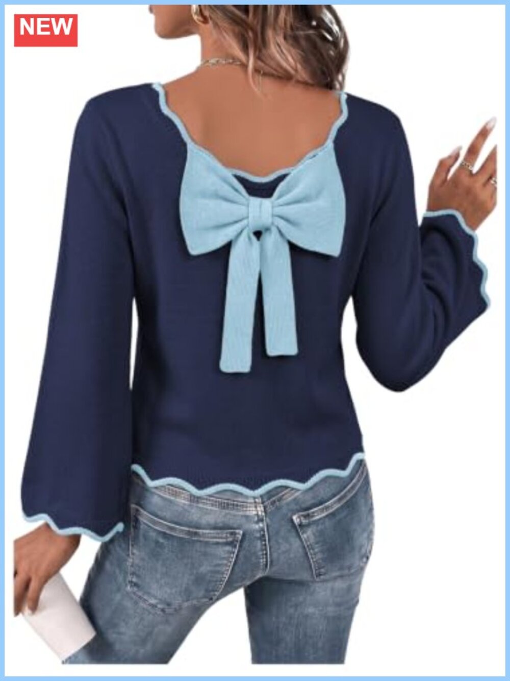 Womens Reversible Bow Cropped Knit Sweater Flare Sleeve Pullover